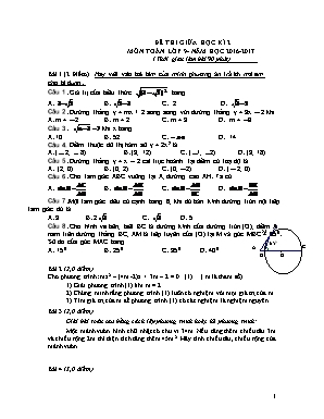 Đề giữa học kỳ 2 môn Toán Lớp 9 - Năm học 2016-2017 (Có đáp án)